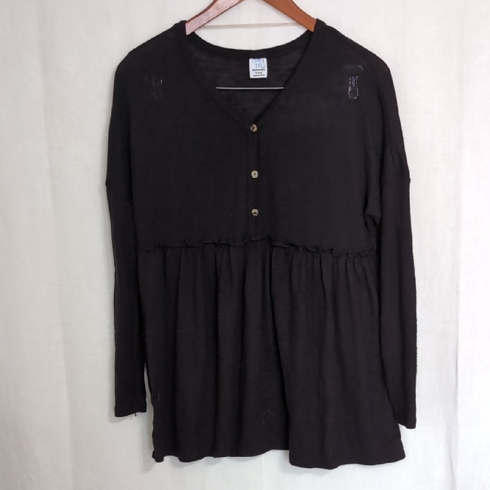 Time and Tru Maternity Black Long Sleeve Half Button Peplum Top Size Small
